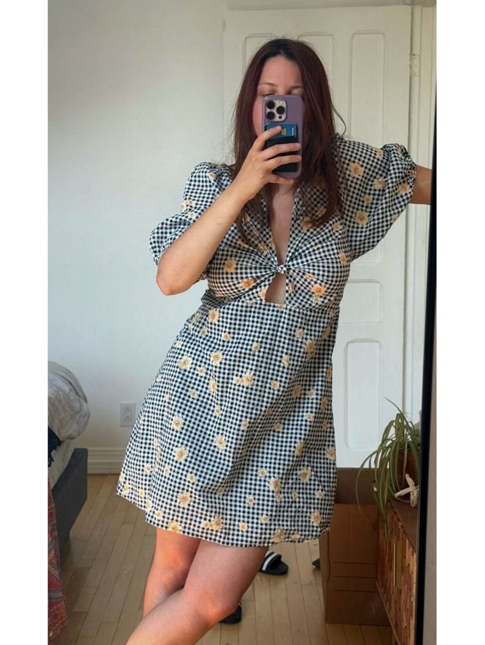 Anthropologie En Saison 100% cotton Gingham Floral Dress, Like New, L